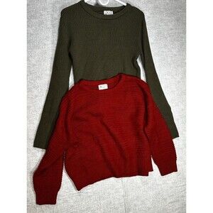 Lot of 2 Poof Apparel Large Cable Knit Sweater Red and Waffle Knit Sweater Green